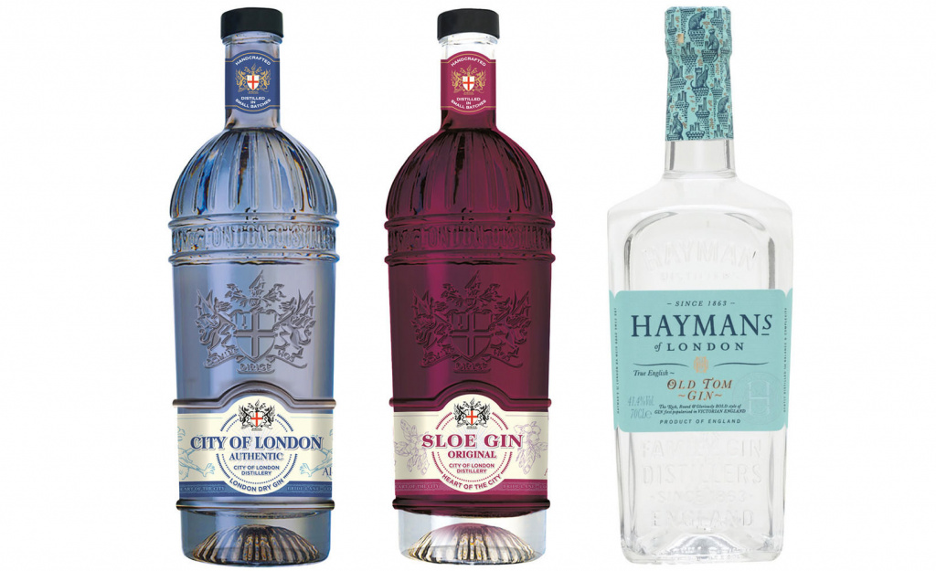 Слева направо: City of London Authentic Gin; City Of London Sloe Gin; Hayman’s Old Tom Gin