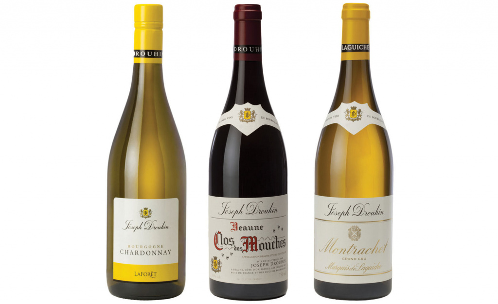 лева направо: Joseph Drouhin Laforet Bourgogne Chardonnay AOC 2018; Joseph Drouhin Clos des Mouches Beaune Premier Cru 2017; Joseph Drouhin Marquis de Laguiche Montrachet Grand Cru 2015