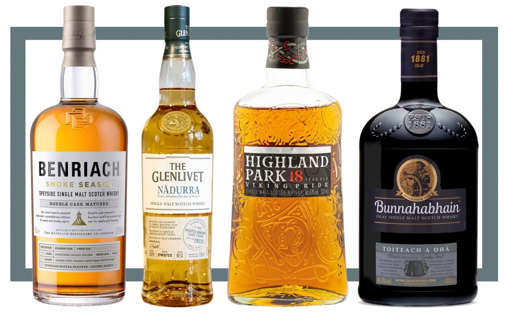 Слева направо: Benriach Smoke Season; Glenlivet Nadurra Peated Whisky Cask Finish; Highland Park 18 Year Old: Viking Pride ; Bunnahabhain Toiteach A Dha