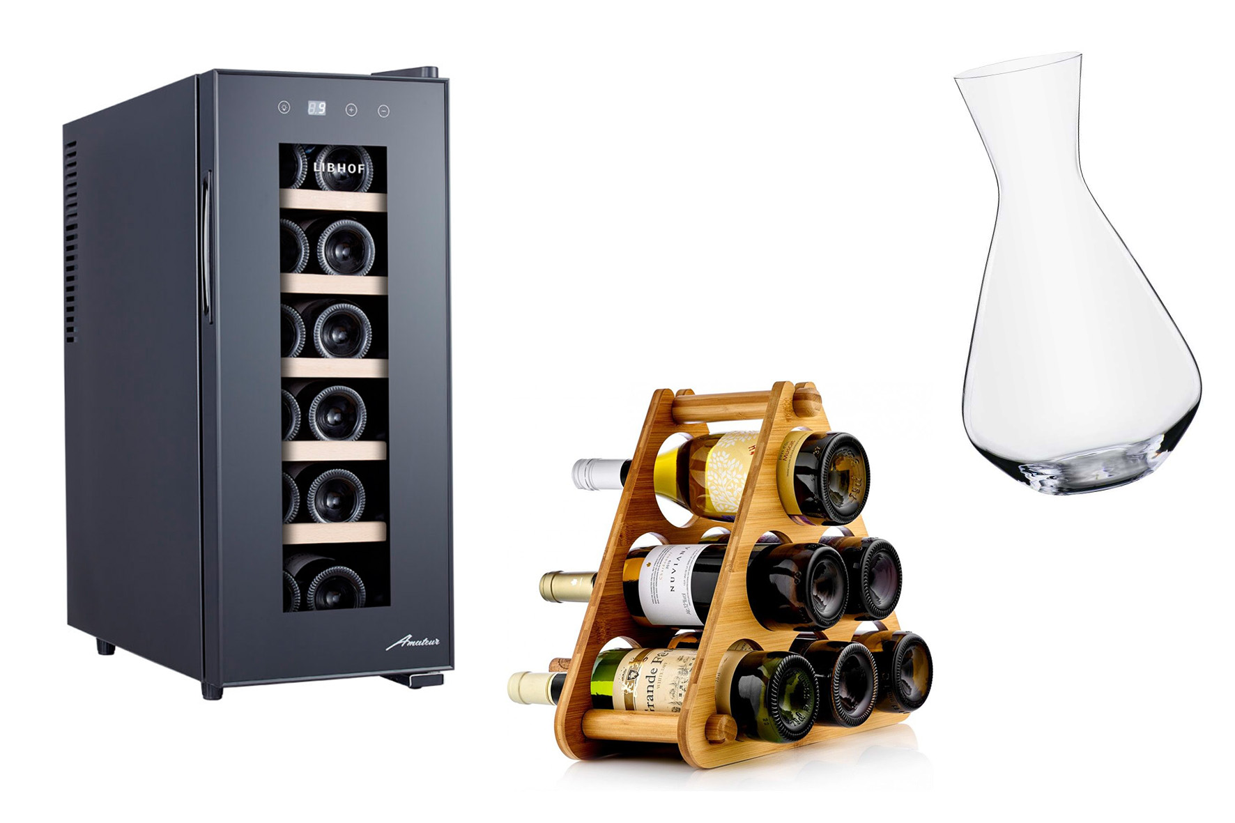 Слева направо: Шкаф для вина Libhof AP-12; Подставка для 6 бутылок Walmer Wine Time; Декантер Spiegelau Casual Entertaining 