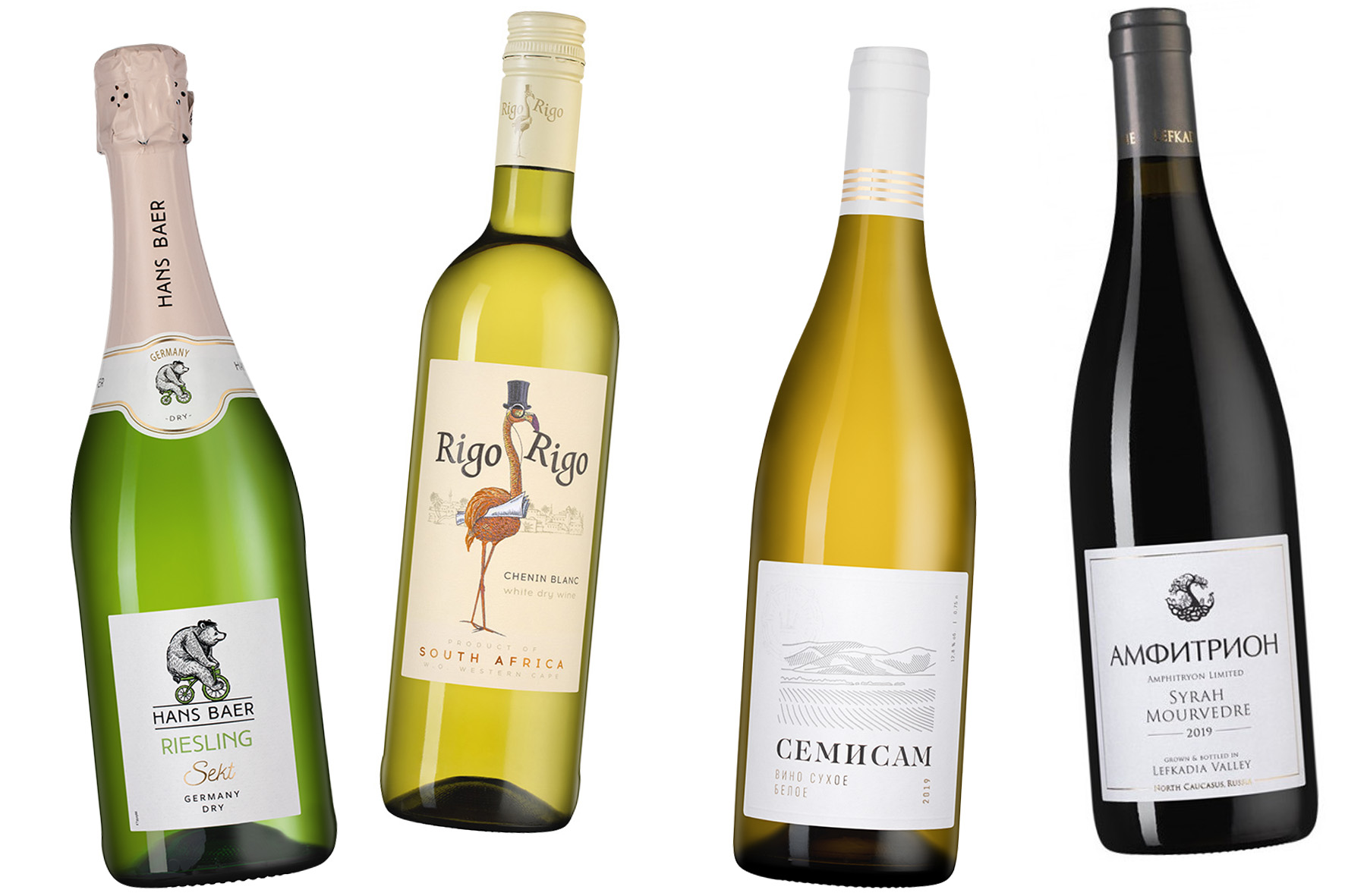 Слева направо: Игристое вино Hans Baer Riesling Sekt; Rigo Rigo Chenin Blanc; Семисам Белое, Шумринка; Амфитрион Лимитед Сира/Мурведр