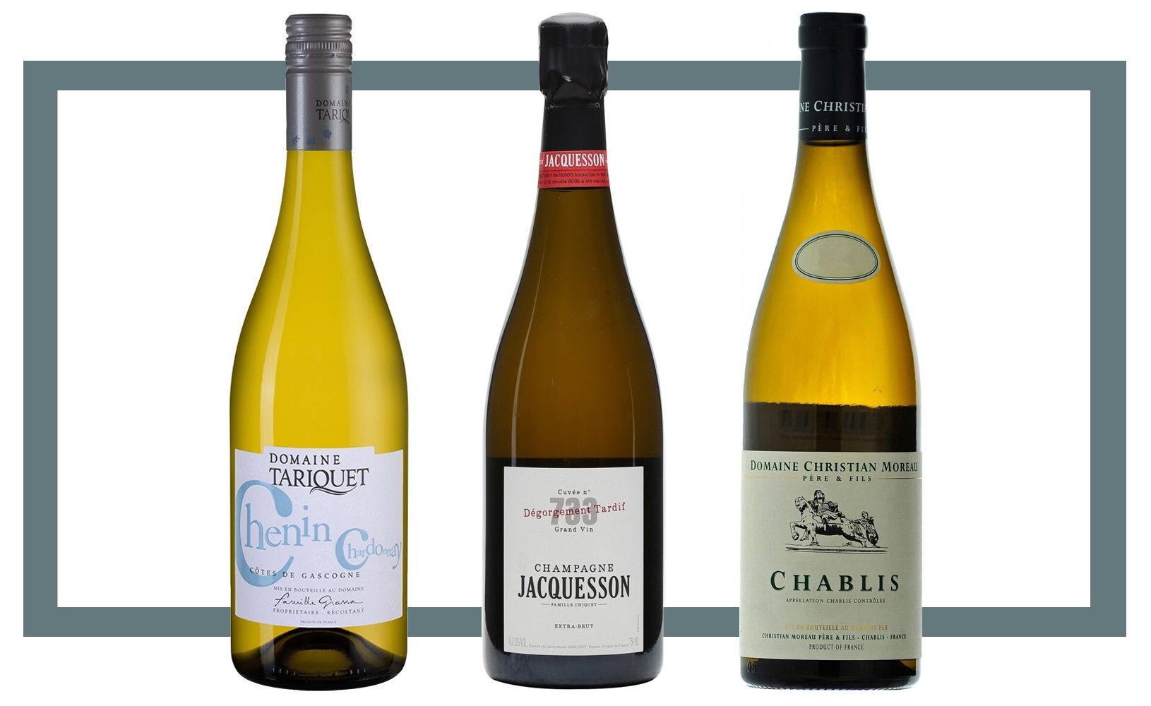 Слева направо: Domaine du Tariquet, Chenin-Chardonnay, Cotes de Gascogne VDP, 2020; Jacquesson Cuvee № 733 Degorgement Tardif Extra Brut NV; Christian Moreau Pere et Fils  Chablis AOC 2016