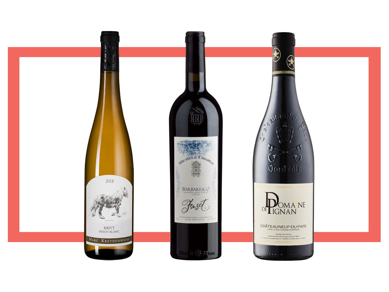Domaine Marc Kreydenweiss Kritt Pinot Blanc Les Charmes; Michele Chiarlo Barbaresco Faset; Domaine de Pignan Chateauneuf-du-Pape Rouge