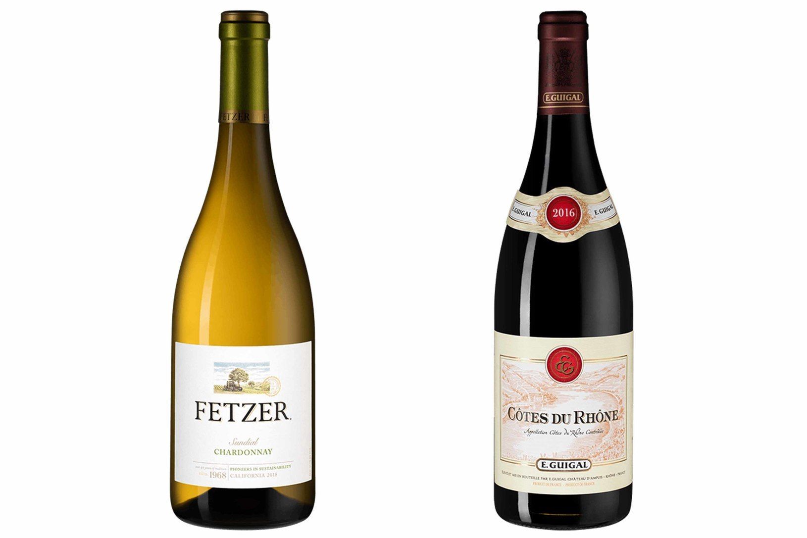 Слева направо: Fetzer Chardonnay Sundial 2018; Guigal Cotes du Rhone Rouge 2016