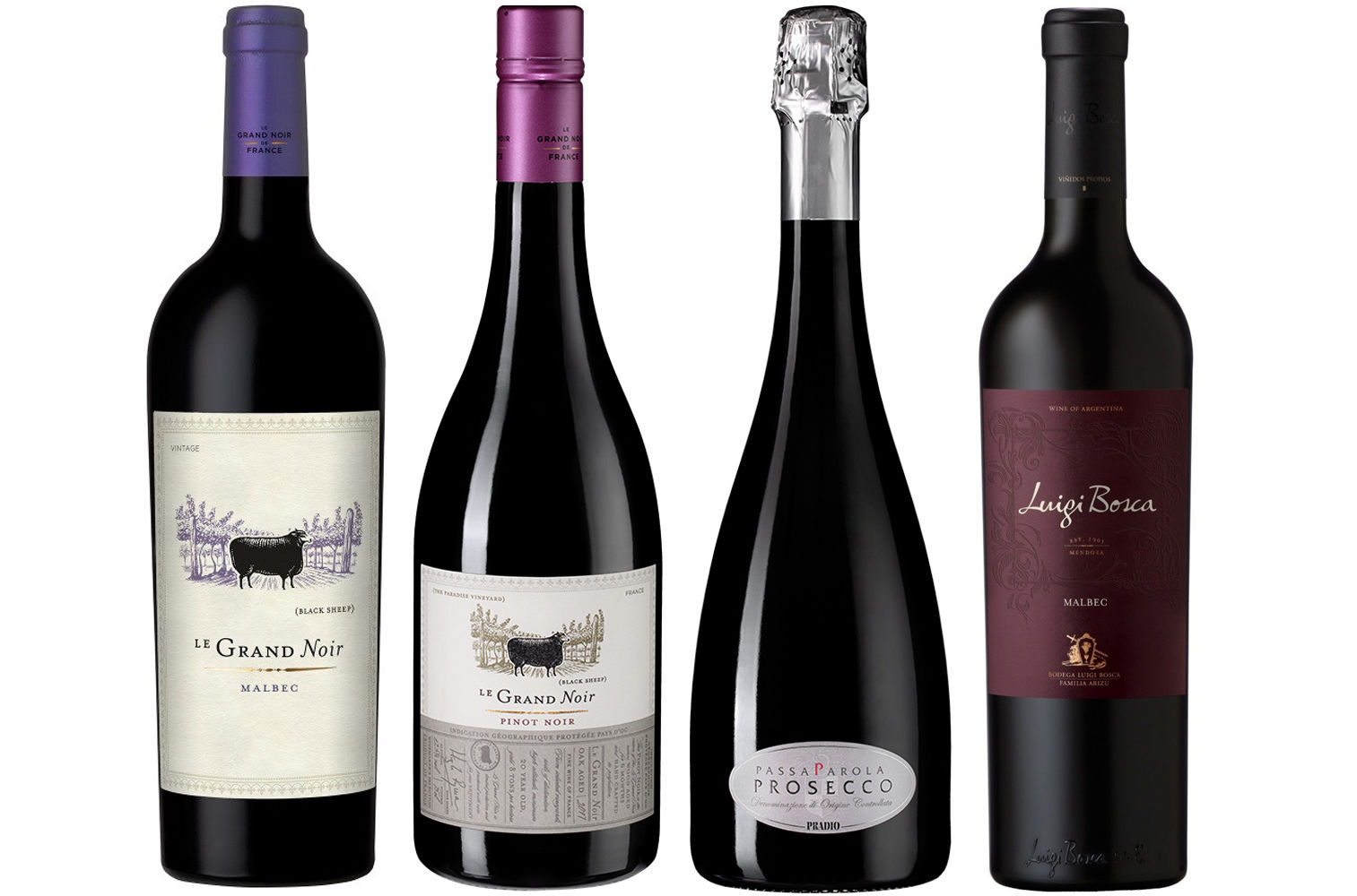 Слева направо: Grand Noir Malbec; Grand Noir Pinot Noir; Pradio Passaparola Prosecco; Luigi Bosca Malbec