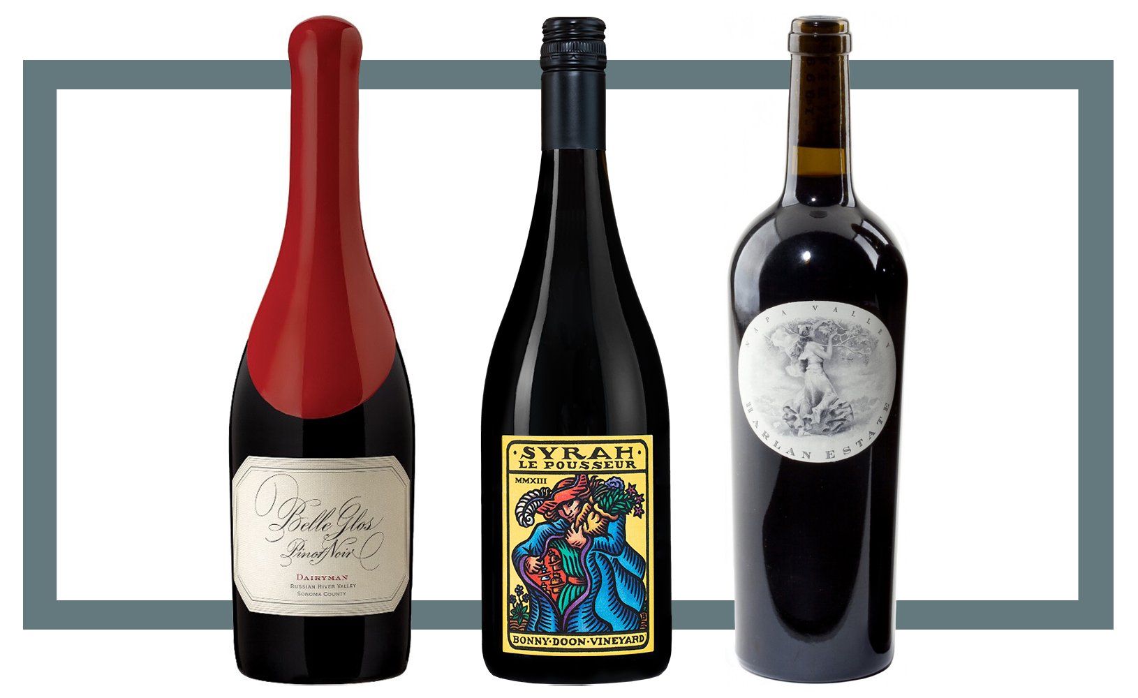 Слева направо: Belle Glos Dairyman Pinot Noir 2018; Bonny Doon Vineyards Syrah Le Pousseur 2013; Harlan Estate Napa Valley 2012
