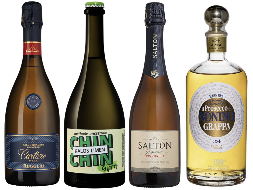 Слева направо: Ruggeri Cartizze Brut 2023; Kalos Limen Chin-Chin Glera Méthode Ancestrale 2022; Salton Prosecco Brut; Nonino Grappa Monovitigno Il Prosecco Riserva in barriques