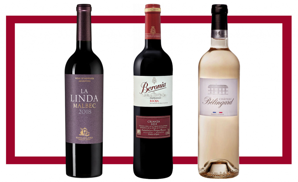Слева направо: Luigi Bosca Malbec La Linda; Beronia Crianza Rioja DOC; Chateau Belingard Blanc Bergerac AOC