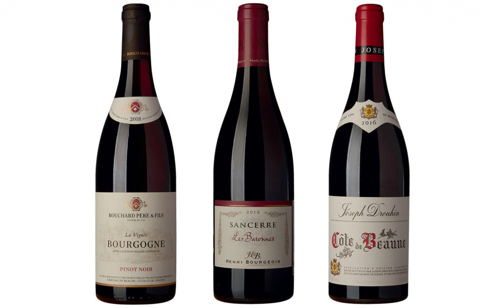Слева направо: Bouchard Père et Fils Bourgogne Pinot Noir La Vignée 2018; Henri Bourgeois Sancerre Rouge Les Baronnes 2016; Joseph Drouhin Côte de Beaune 2016
