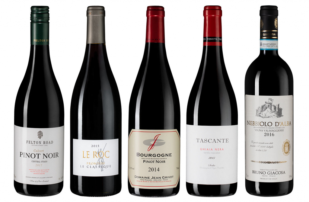 Слева направо: Felton Road Pinot Noir 2015; Fronton Le Roc Le Classique 2015; Domaine Jean Grivot Bourgogne Pinot Noir 2014; Tascante Ghiaia Nera 2015; Bruno Giacosа Nebbiolo d`Alba DOC 2016;