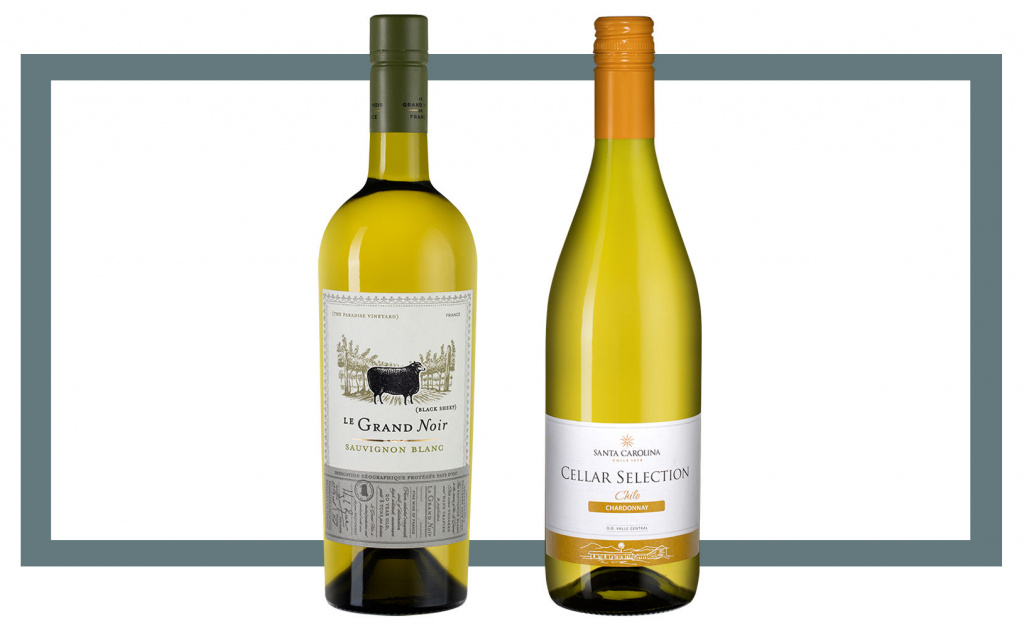 Слева направо: Les Celliers Jean d'Alibert Le Grand Noir Sauvignon Blanc 2018; Santa Carolina Cellar Selection Chardonnay 2020