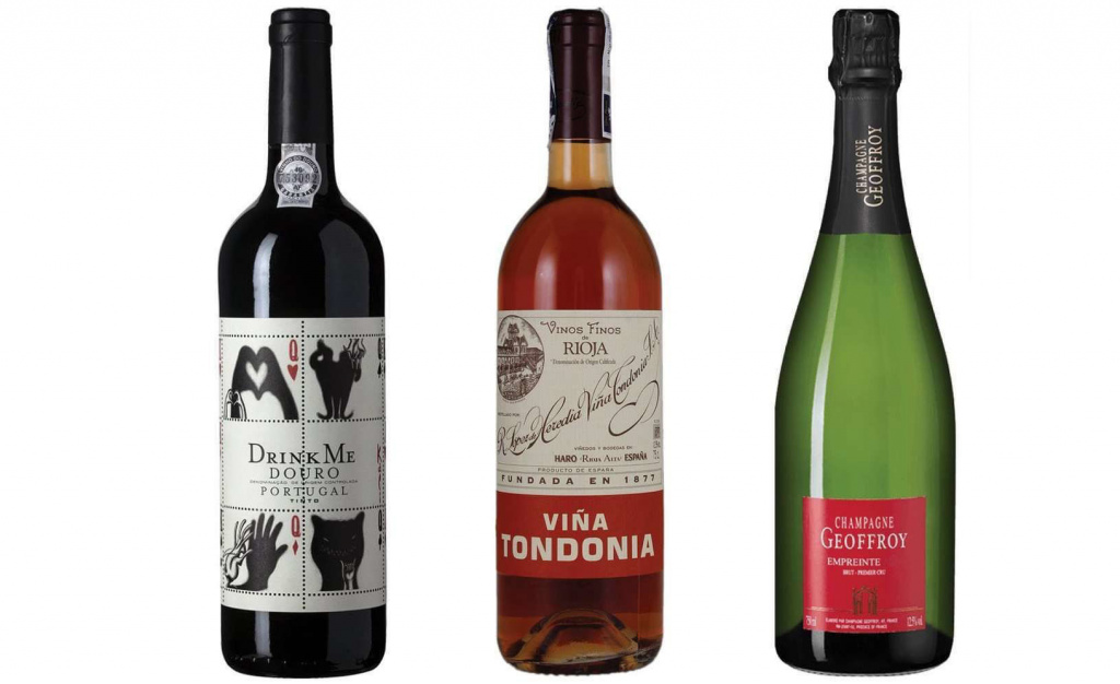 Слева направо: Drink Me DOC Douro 2017; Lopez De Heredia, Vina Tondonia Gran Reserva Rosado 2009; Geoffroy Empreinte Brut Premier Cru 2012