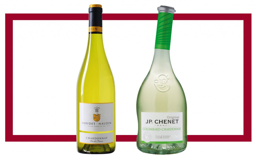Слева направо: Doudet Naudin Chardonnay Vin de France; J. P. Chenet "Original" Colombard-Chardonnay