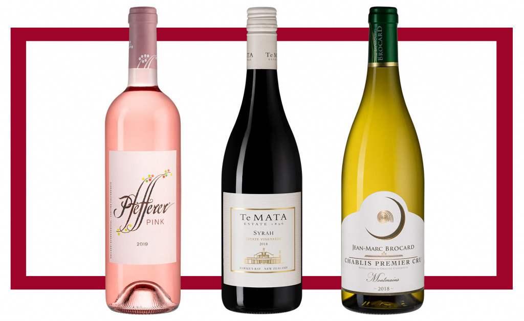 Слева направо: Colterenzio Pfefferer Pink 2019; Te Mata Estate Vineyards Syrah 2018; Jean-Marc Brocard Chablis Premier Cru Montmains 2018
