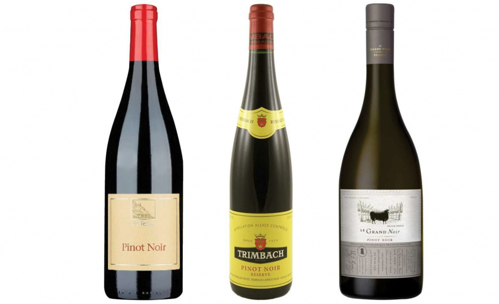 Слева направо: Pinot Noir Cantina Terlano; Noir Reserve Trimbach 2018; Le Grand Noir Pinot Noir Les Celliers Jean d'Alibert 2018