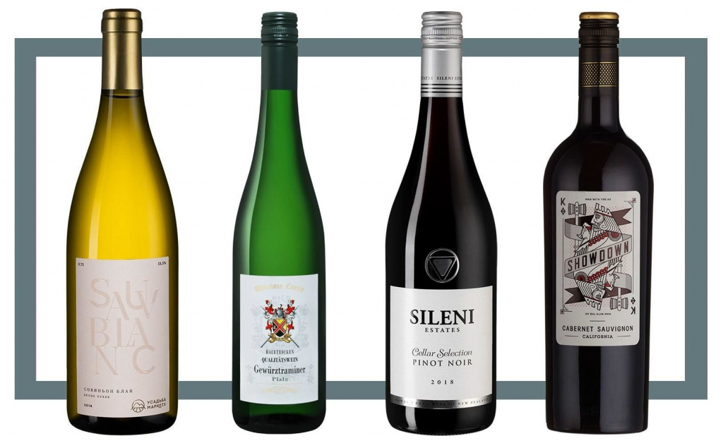 Слева направо: Усадьба Маркотх Совиньон Блан; Weinhaus Cannis Gewürztraminer Pfalz; Sileni Pinot Noir Cellar Selection; Showdown Man With The Ax Cabernet Sauvignon