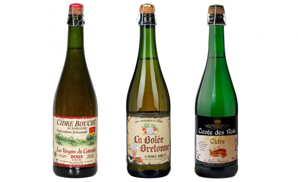 Слева направо: Les Vergers du Cotentin Bouche Doux Normandie IGP; La Bolee Bretonne Cider Brut; Les Bulles Ardennaises Cider Cuvee des Rois