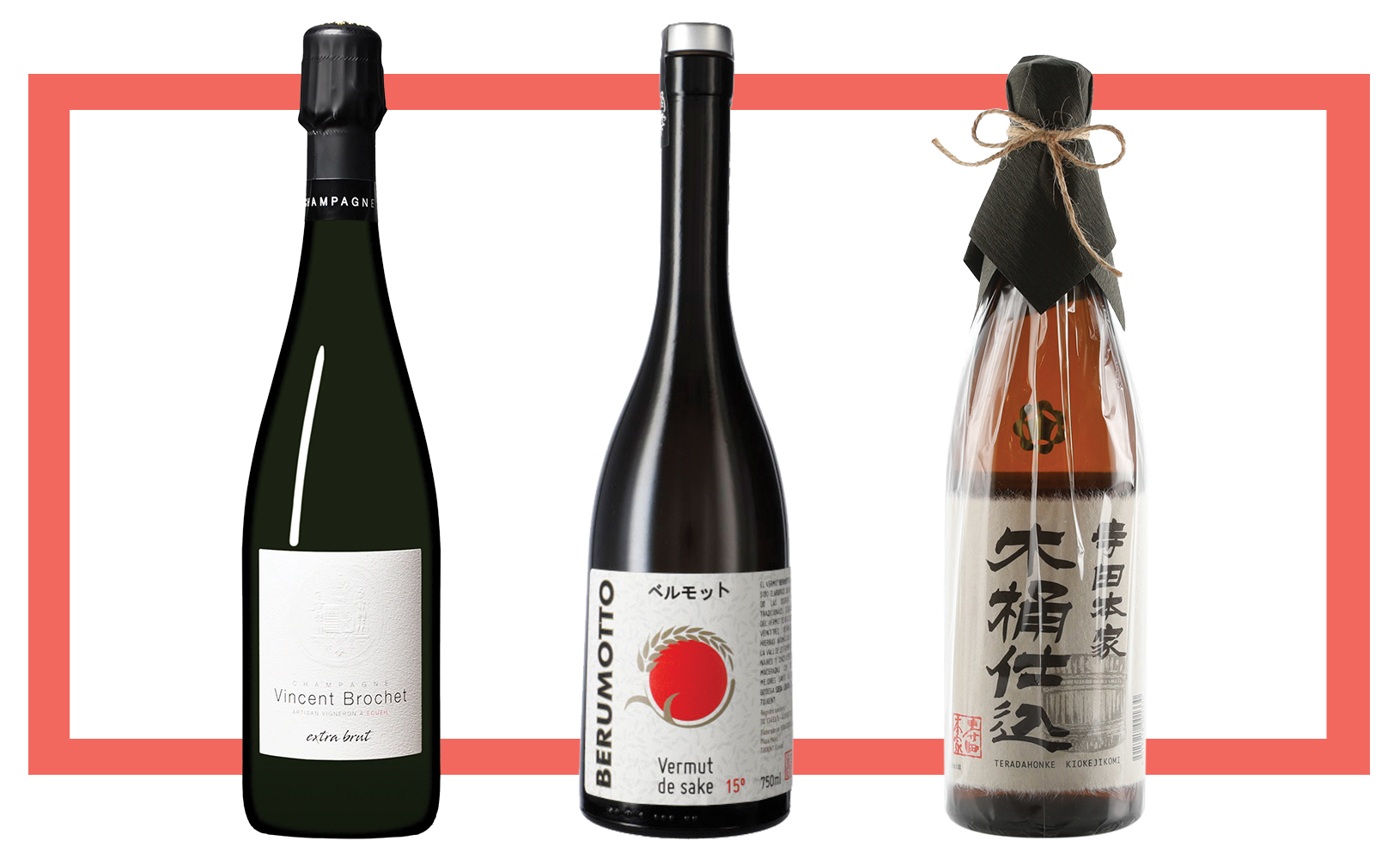 Слева направо: Champagne Vincent Brochet Extra Brut Premier Cru; Berumotto Blanco Seda Líquida; Terada Honke Kiokejikomi Junmai Kimoto Muroka Genshu 80% 2017