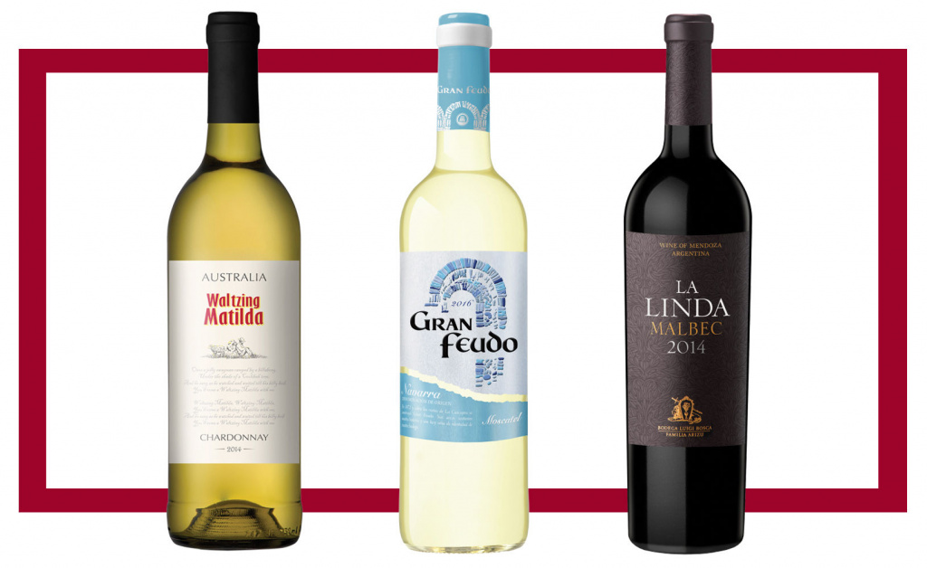 Слева направо: Waltzing Matilda Chardonnay; Gran Feudo Moscatel; Malbec Finca La Linda