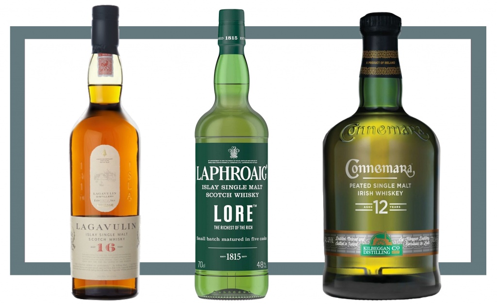 Слева направо: Lagavulin 16 Year Old; Laphroaig Lore; Connemara 12 Year Old Peated Single Malt Irish Whiskey