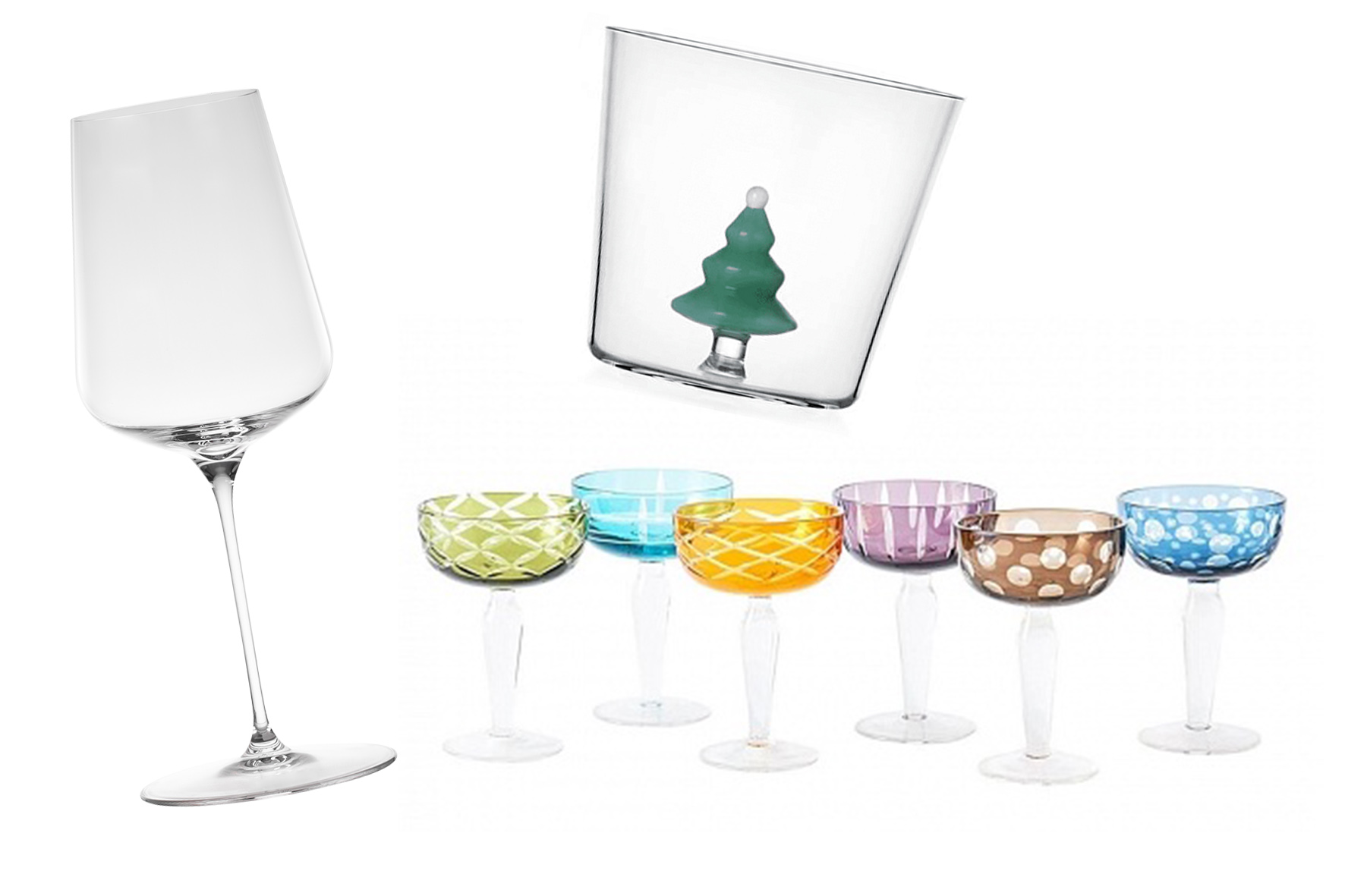 Слева направо: Spiegelau Definition универсальные; Стакан Matt Green Wish Tree Ichendorf; Бокалы для шампанского Multicolour Pols Potten