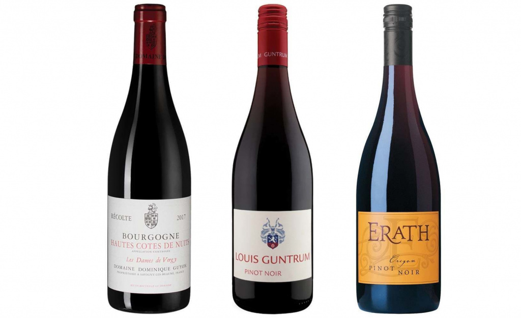 Слева направо: Bourgogne Hautes Cotes de Nuits Les Dames de Vergy Domaine Antonin Guyon 2017; Louis Guntrum Pinot Noir Rheinhessen QbA; Erath Pinot Noir 2015
