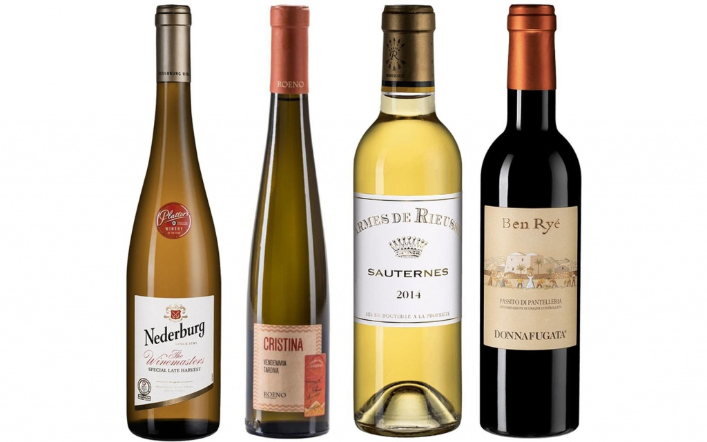 Слева направо: Distell Nederburg Winemasters Special Late Harvest 2018; Roeno Cristina Vendemmia Tardiva IGT Veneto; Chateau Rieussec Les Carmes de Rieussec 2014; Donnafugata Ben Rye 2017