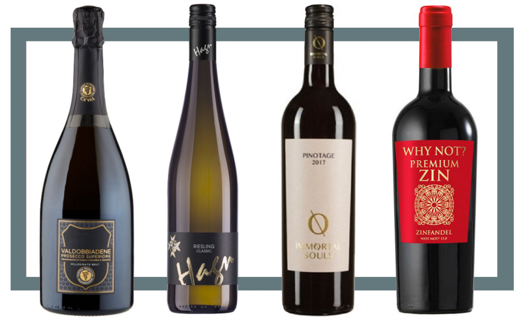 Слева направо: Prosecco Valdobbiadene Brut Superiore Millesimato; Hagn Riesling Classic; Immortal Souls Pinotage; Wine Not Premium Zin