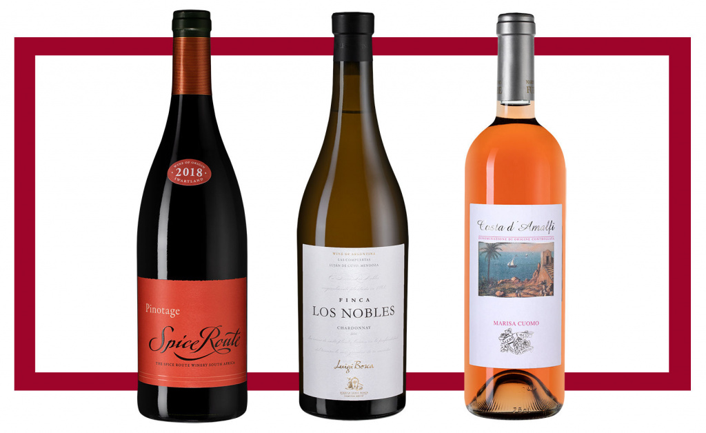 Слева направо: Spice Route Pinotage 2018; Luigi Bosca Chardonnay Finca Los Nobles 2018; Marisa Cuomo Costa d'Amalfi Rosato 2017
