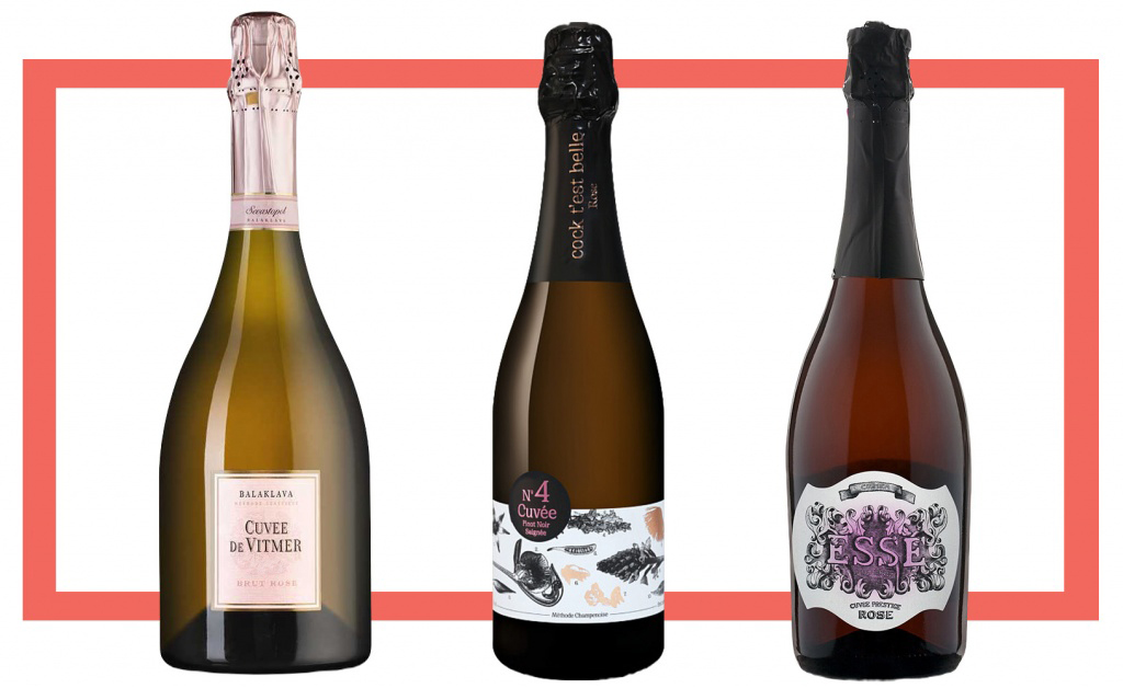 Слева направо: Золотая Балка Кюве де Витмер Розе 2019; Cock t'est belle Cuvee №4 Pinot Noir Saignee Rose Extra Brut; Esse Cuvee Prestige Rose Satera