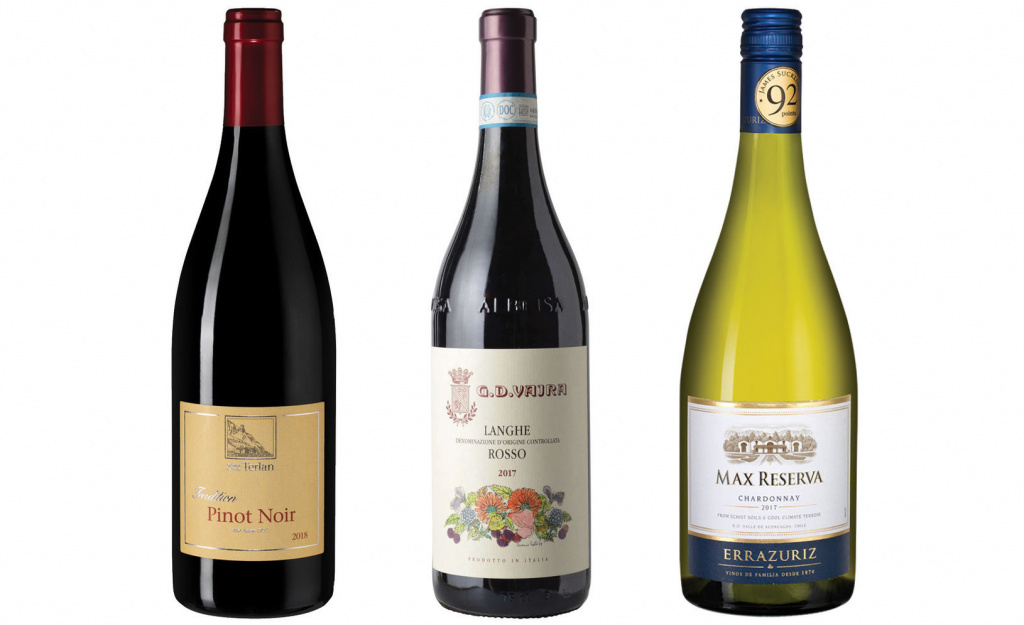 Слева направо: Pinot Noir Cantina Terlan 2018; Vajra Langhe Rosso 2017; Max Reserva Chardonnay Errazuriz 2017