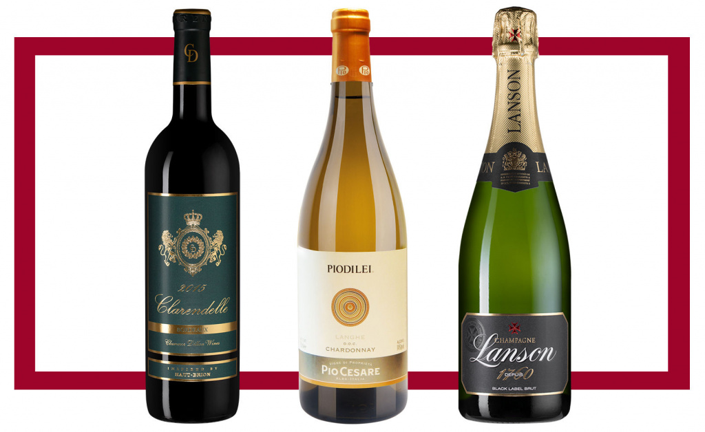 Слева направо: Domaine Clarence Dillon Clarendelle inspired by Haut-Brion Rouge 2015; Pio Cesare Langhe Chardonnay Piodilei 2017; Lanson Black Label Brut