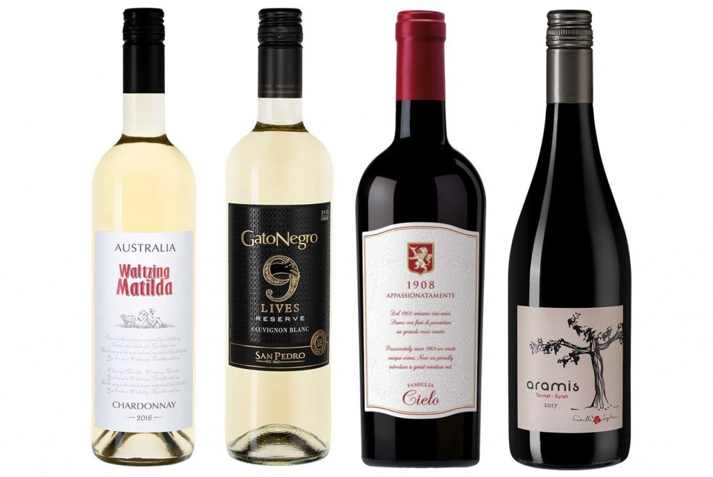 Слева направо: Waltzing Matilda Chardonnay; Gato Negro 9 Lives Reserve Sauvignon Blanc 2018; Cielo Appassionatamente Rosso 2016; Château d'Aydie Aramis Rouge 2017 